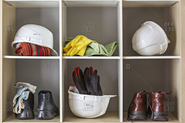 Storage of protective headwear, footwear and gloves
