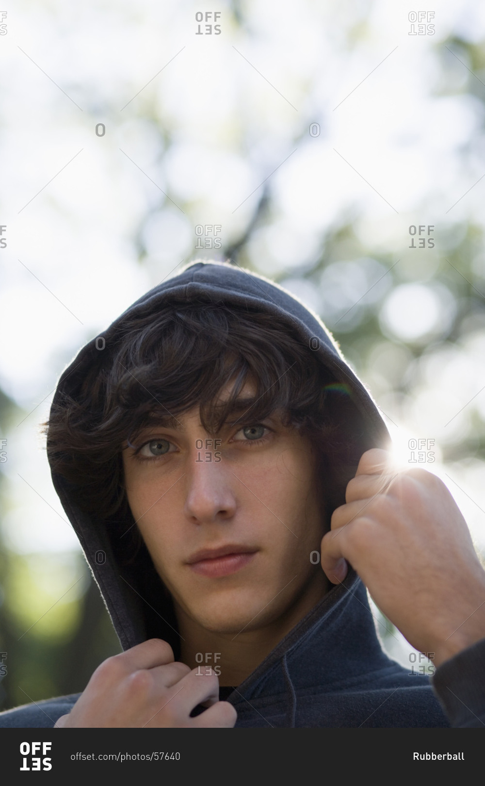 Closeup of teenage boy wearing hoodie
