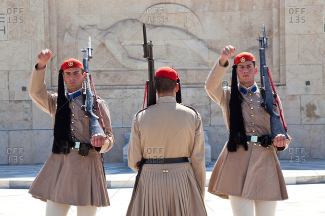 Evzones changing the guard at the Tomb of the Unknown Soldier at Syntagma Square in Athens,Greece