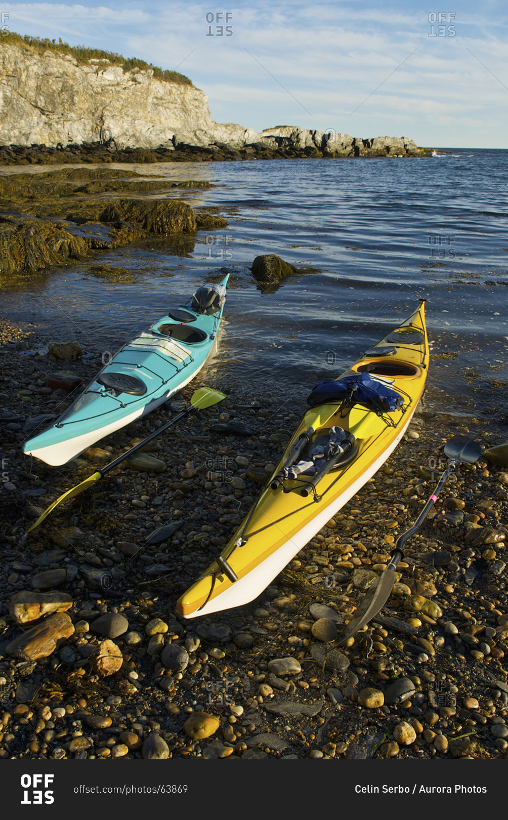 Sea kayaks on a beach in Maine