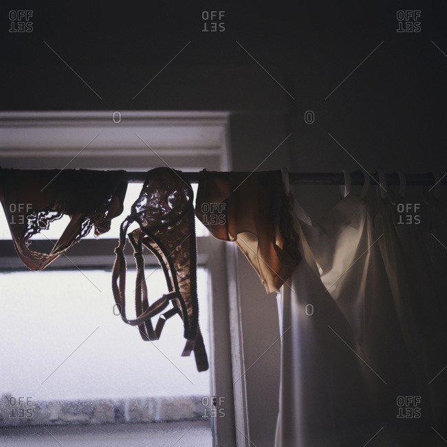 Bras And Hanging From A Shower Curtain Rod Stock Photo Offset