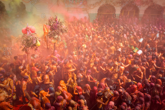 People celebrating Holi Festival in Mathura, India