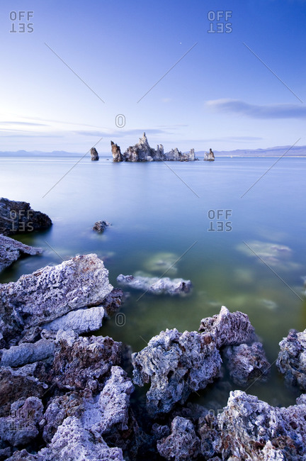 Looking out over strange tufa formations and Mono Lake at dusk, Eastern Sierra, CA