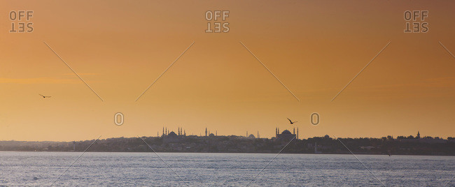 View of Blue Mosque and Hagia Sophia during sunset