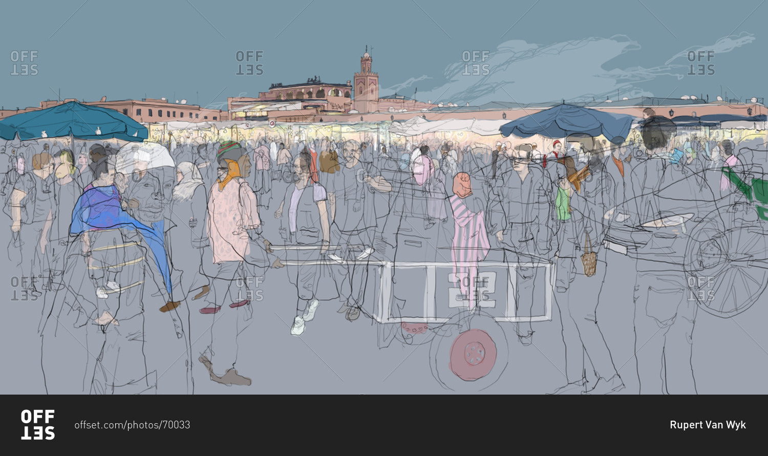 Crowds of local people and tourists moving through Jemaa el Fna Square