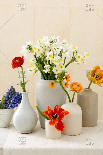 Different Type Of Flowers In Different Shape Of Vases Stock Photo