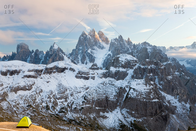 Tent with view of Dolomite Mountains
