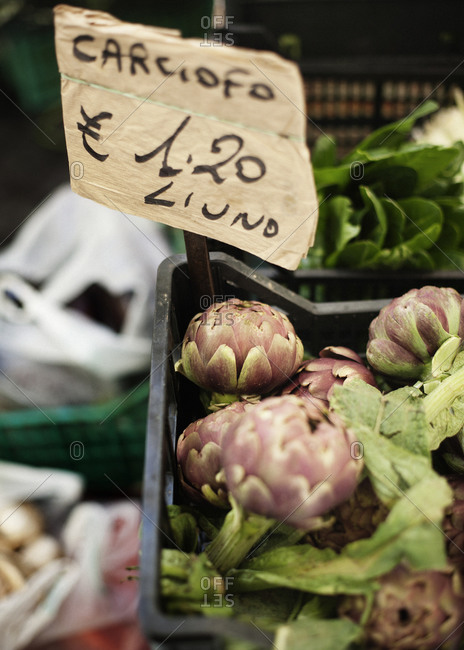 Pile of artichokes on grocery stall