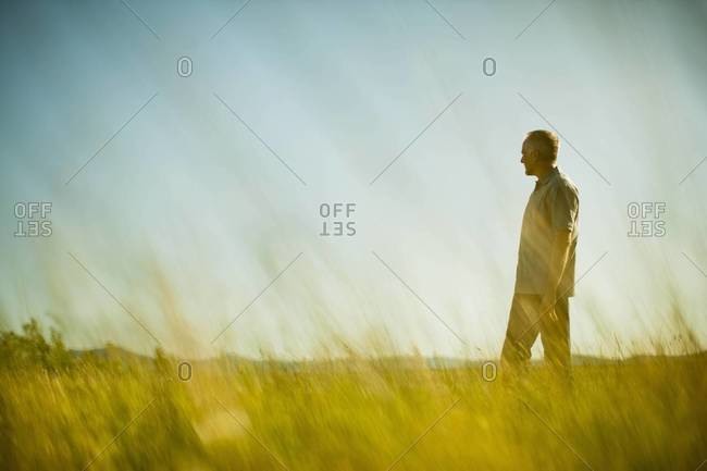 Man standing in grassland, looking into the distance