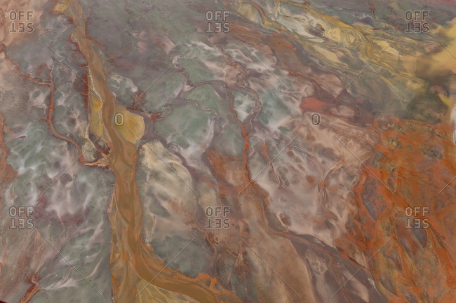 Aerial shot of oxidized iron minerals in the water at an old mining area, Rio Tinto, Huelva Province, Spain