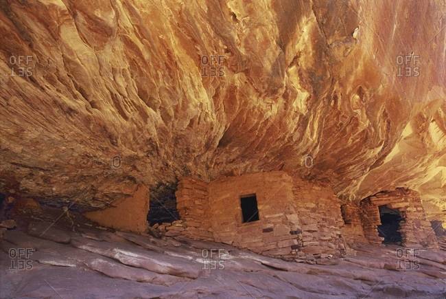 The House On fire ruins at Cedar Mesa, is a natural landmark, a cliff mesa rock formation with a spectacular natural pattern on the rock.