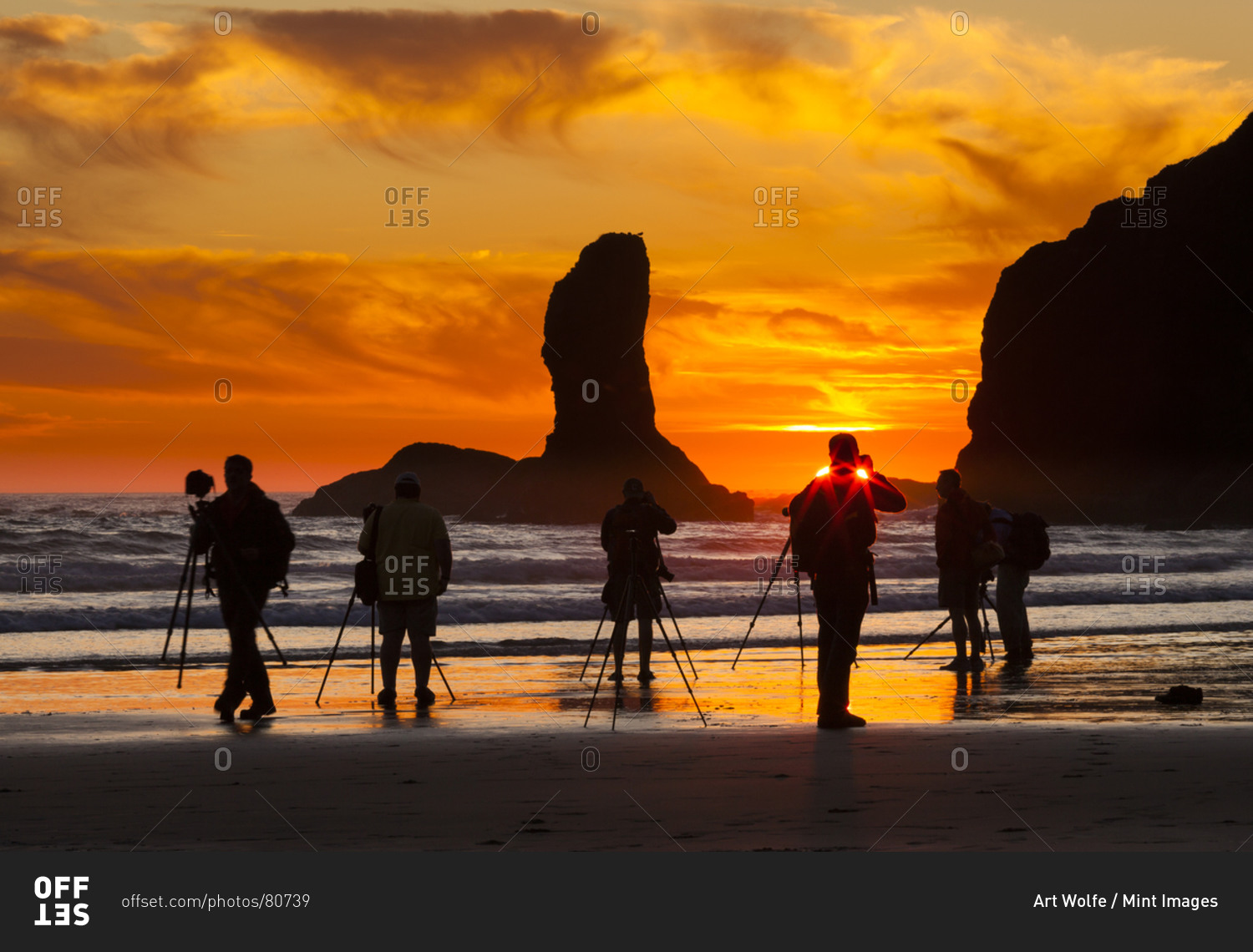 Photographers at sunset at Second Beach, Olympic National Park, Washington, USA