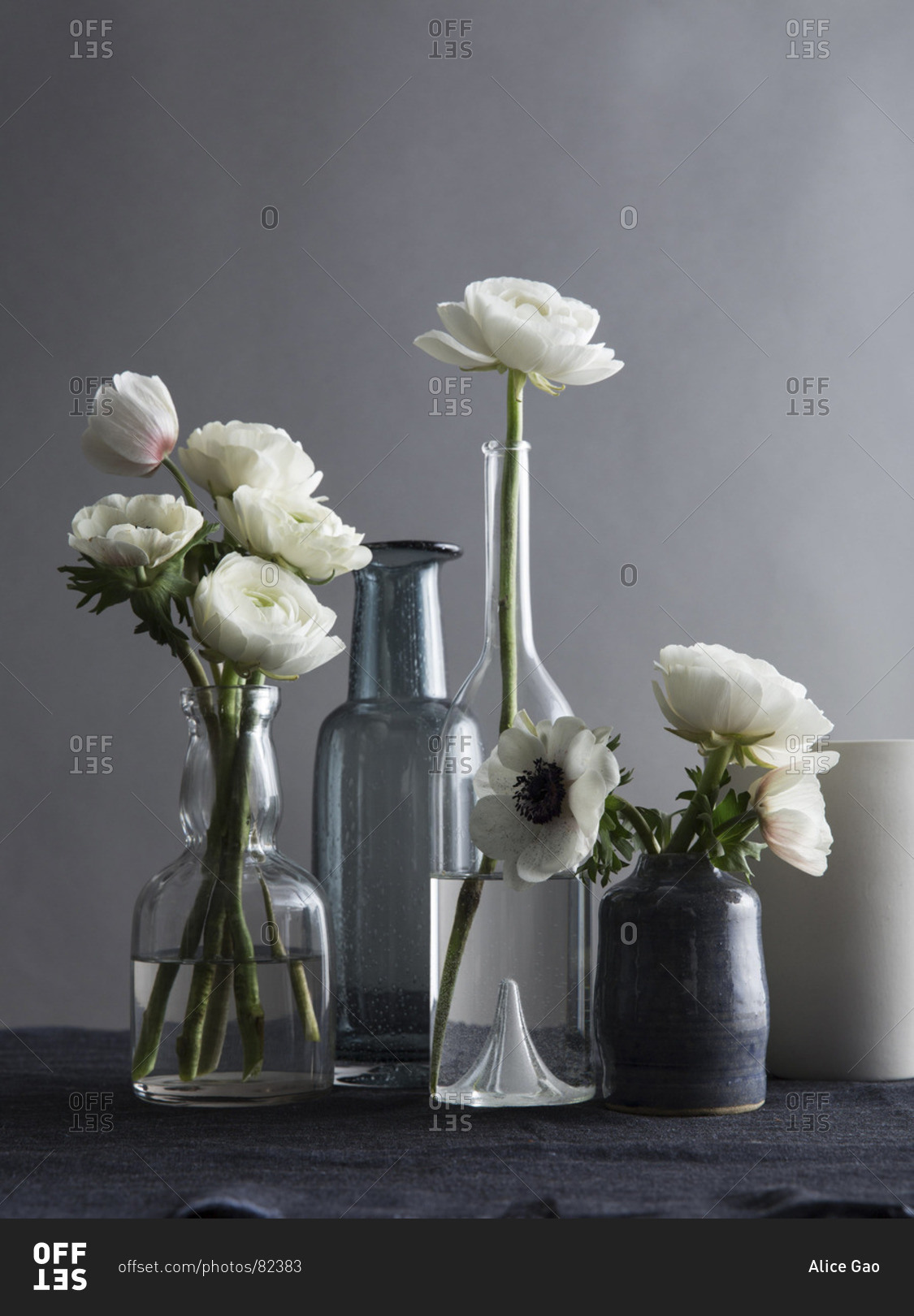 White flowers in different shape of vases