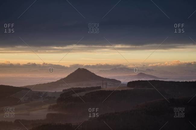 Germany, Baden-Wuerttemberg, Constance district, Hegau, view to volcano's Hohenhewen and Hohenstoffeln at dusk