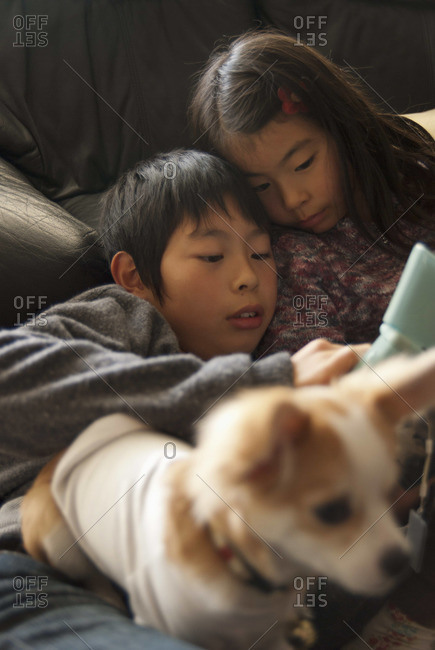 A brother and sister lying on sofa with dog