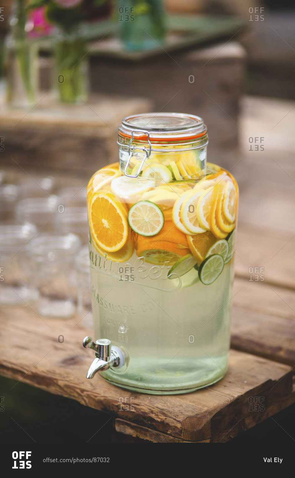 Lemonade served in jar beverage dispenser outdoors
