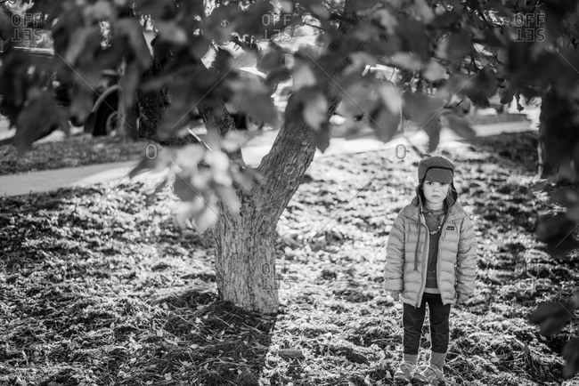 Young girl standing next to a tree
