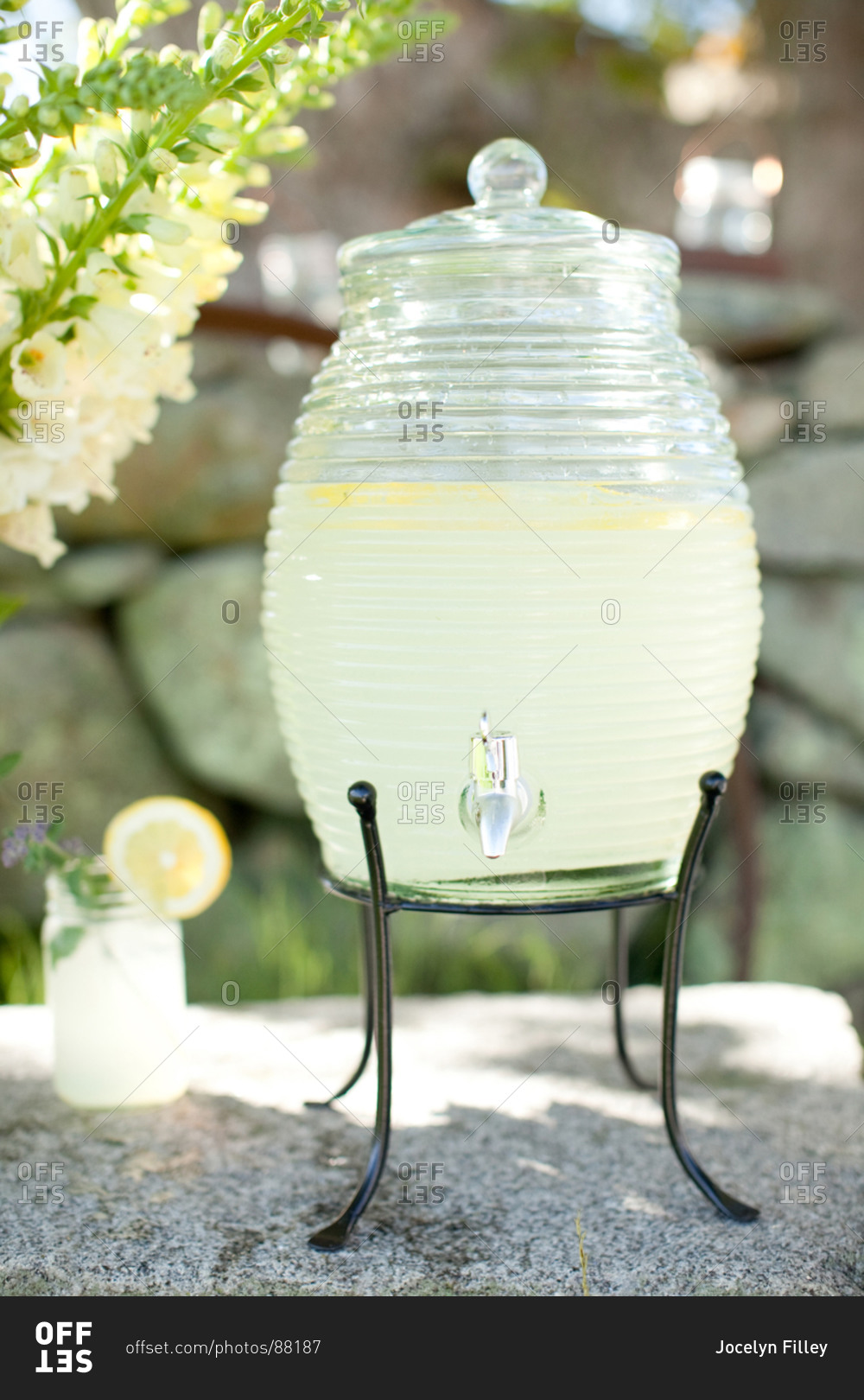 Beverage dispenser with fresh lemonade served in garden