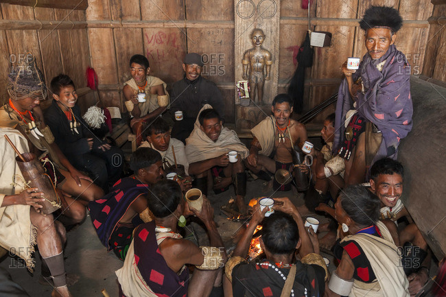 - December 5, 2012: Khiamniungan tribesmen having tea, Nagaland, N.E. India