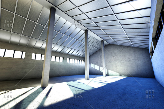Architecture visualization of an empty industrial building, 3D Rendering