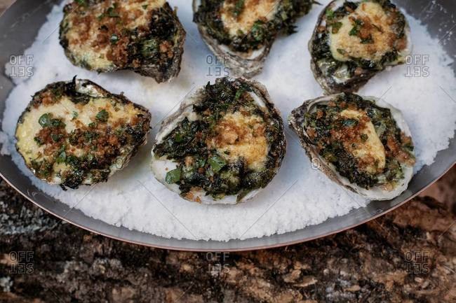 Oysters Rockefeller served on a tray of salt