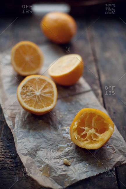 Close up of lemon halves on a table