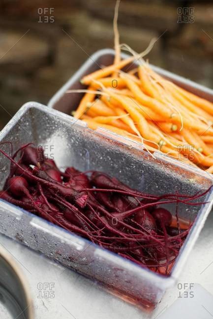 Close up of baby carrots and beets