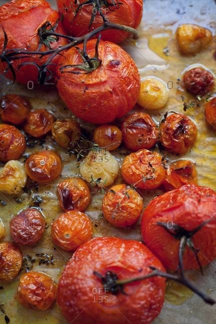 Top view of various roasted tomato on parchment paper