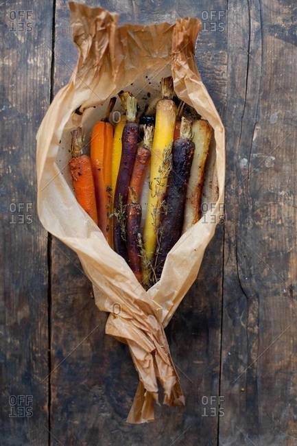 Roasted carrots wrapped in parchment
