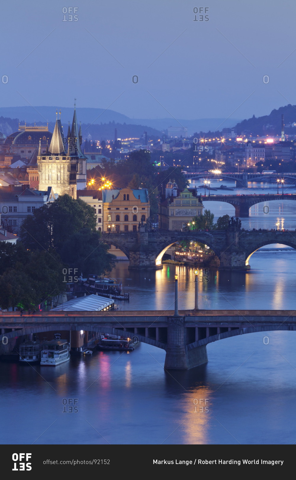 Vltava River with the bridges, Charles Bridge and the Old Town Bridge Tower, Prague, Bohemia, Czech Republic, Europe