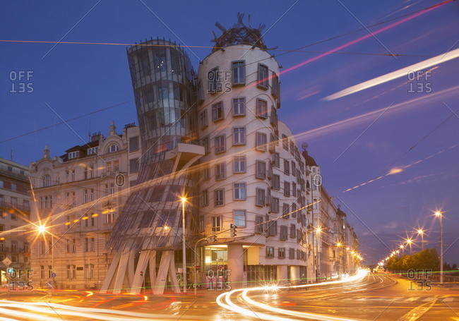 Dancing House (Ginger and Fred) by Frank Gehry, at night, Prague, Czech Republic, Europe - August 4, 2014