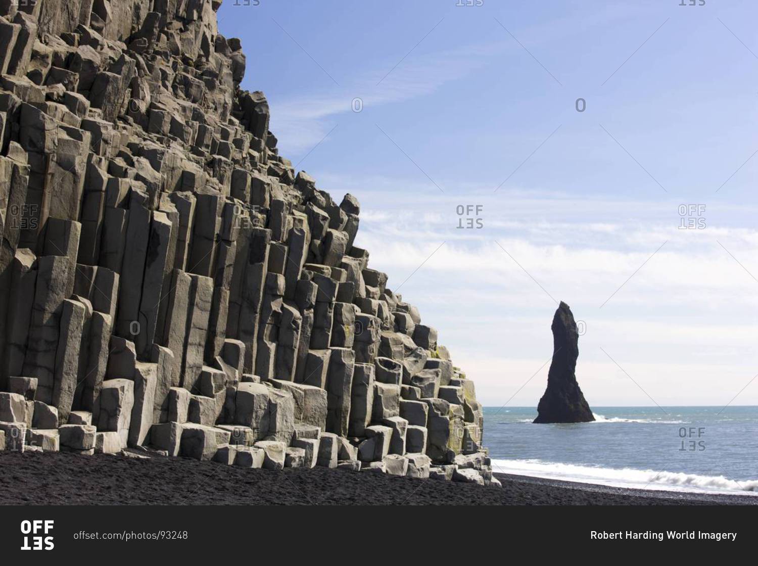 Basalt cliffs and rock stack, Halsenifs Hellir Beach, near Vik i Myrdal