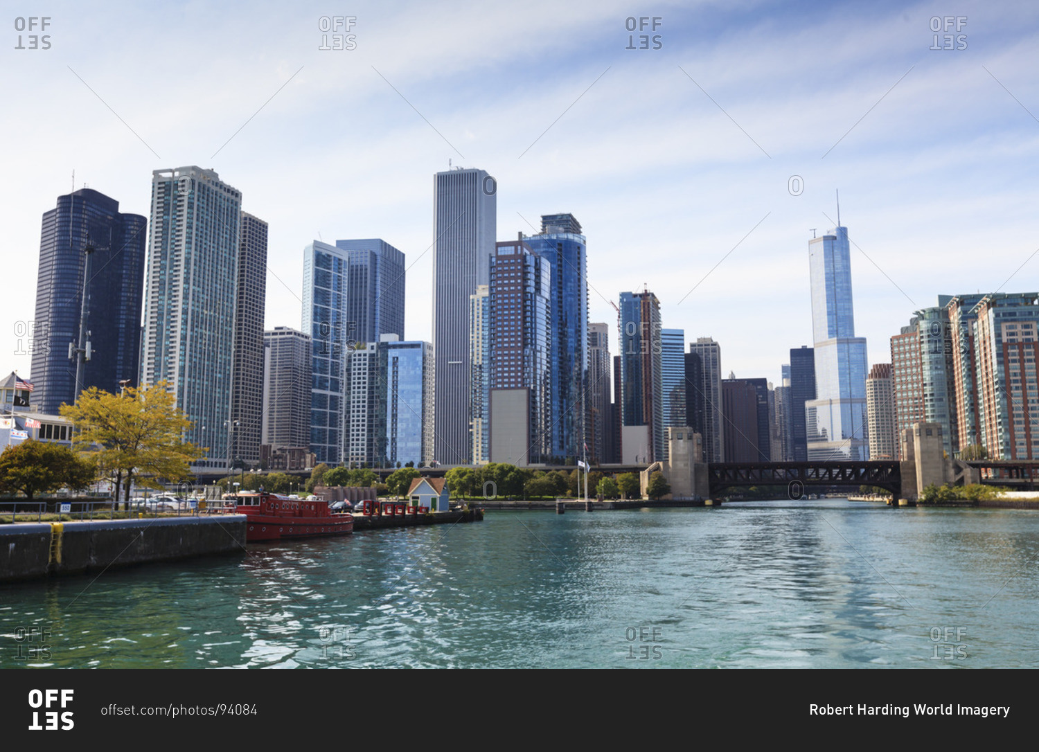 City skyline from the Chicago River, Chicago, Illinois, United States of America, North America