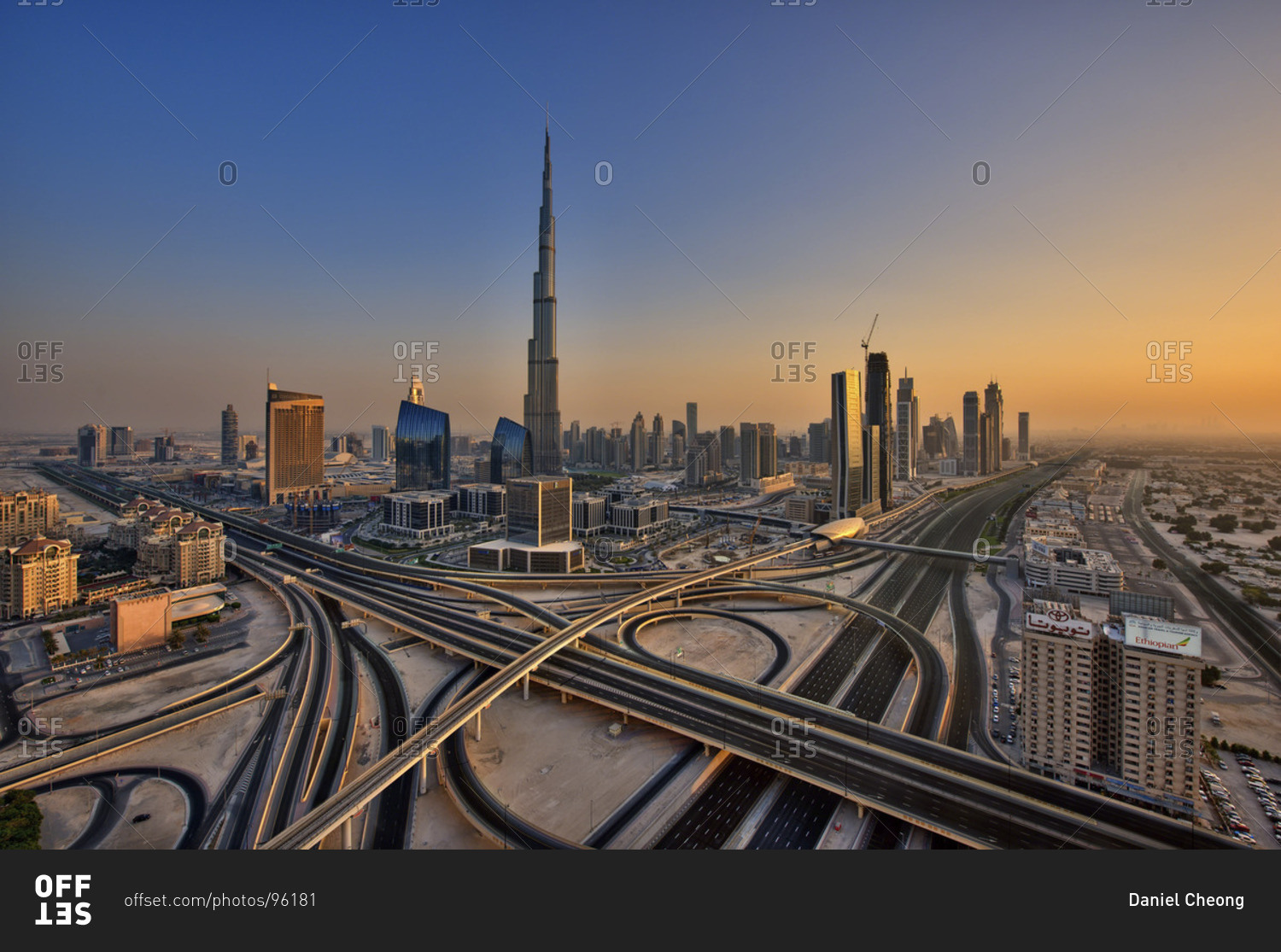 Dubai skyline of modern architecture and view of Burj Khalifa skyscraper