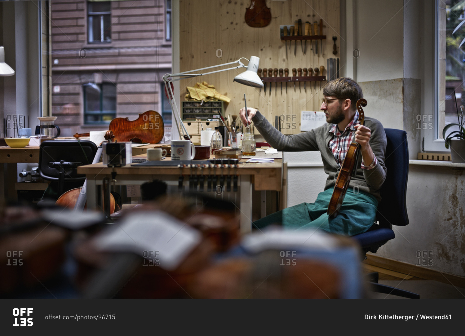 Violin maker in his workshop varnishing repaired violin