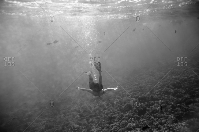Man diving in the sea in black and white