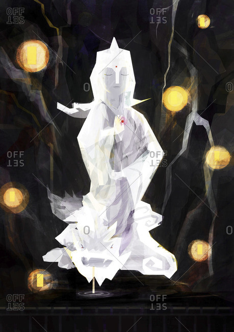 Illustration of a white Goddess of Mercy statue surrounded by a waterfall and lights