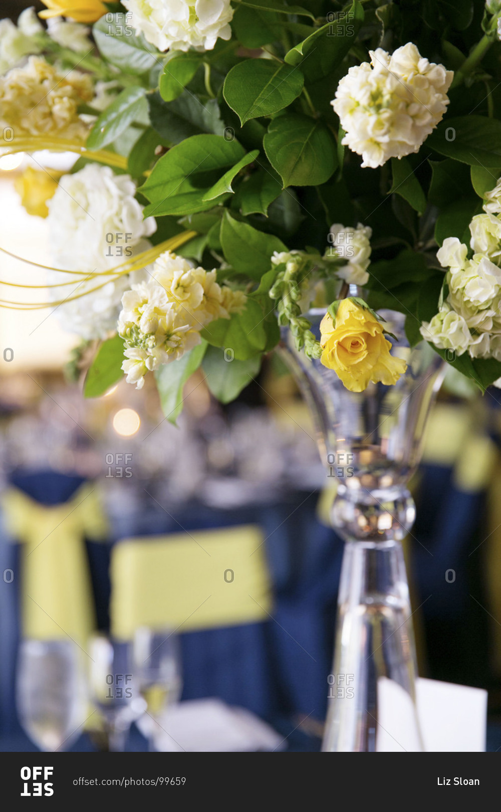 Close up of a flower arrangement at wedding reception