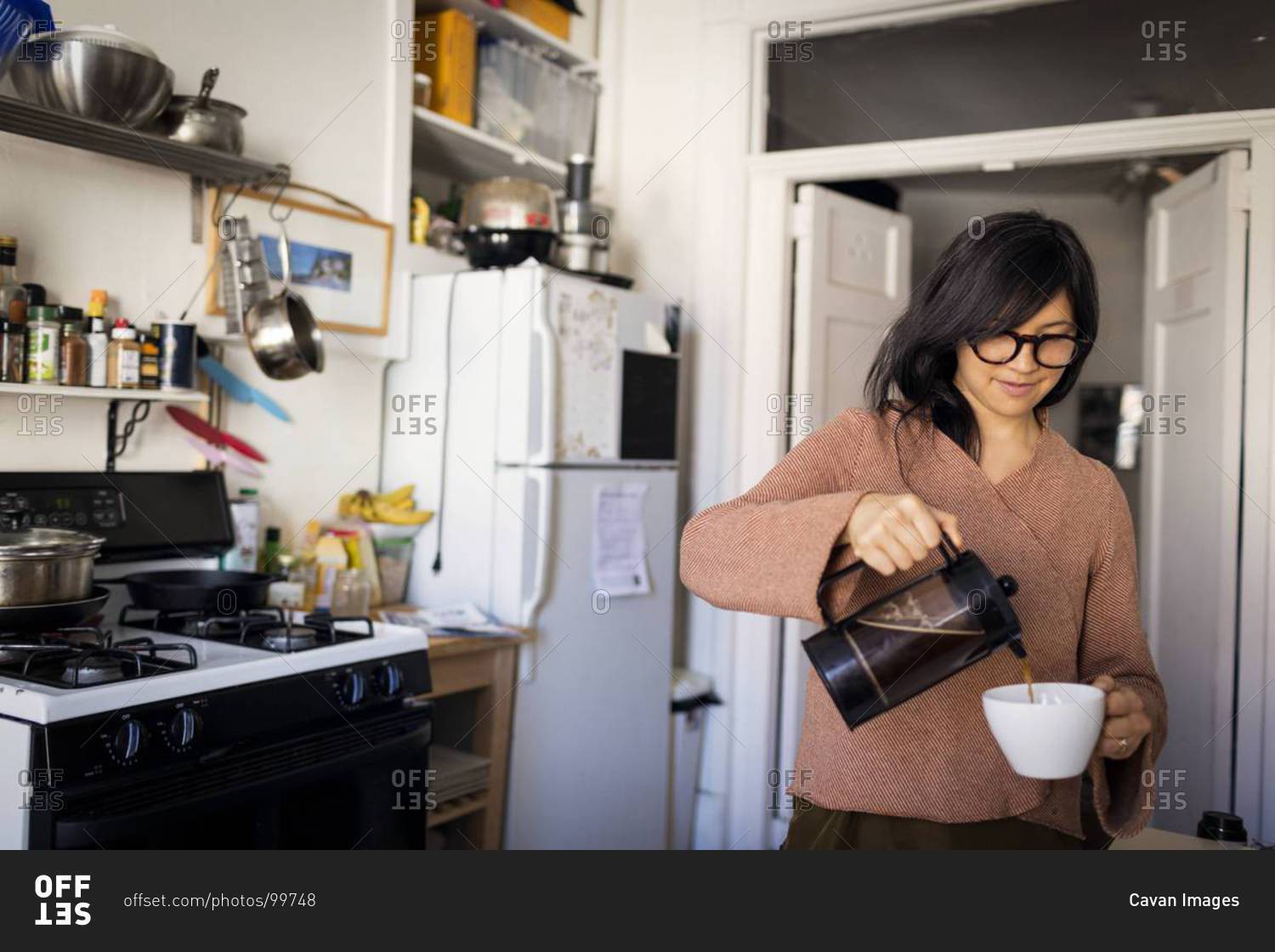 She coffee. Cup in Kitchen. Woman making way. Make her Memory Kitchen. Woman making quality Coffee at Home.