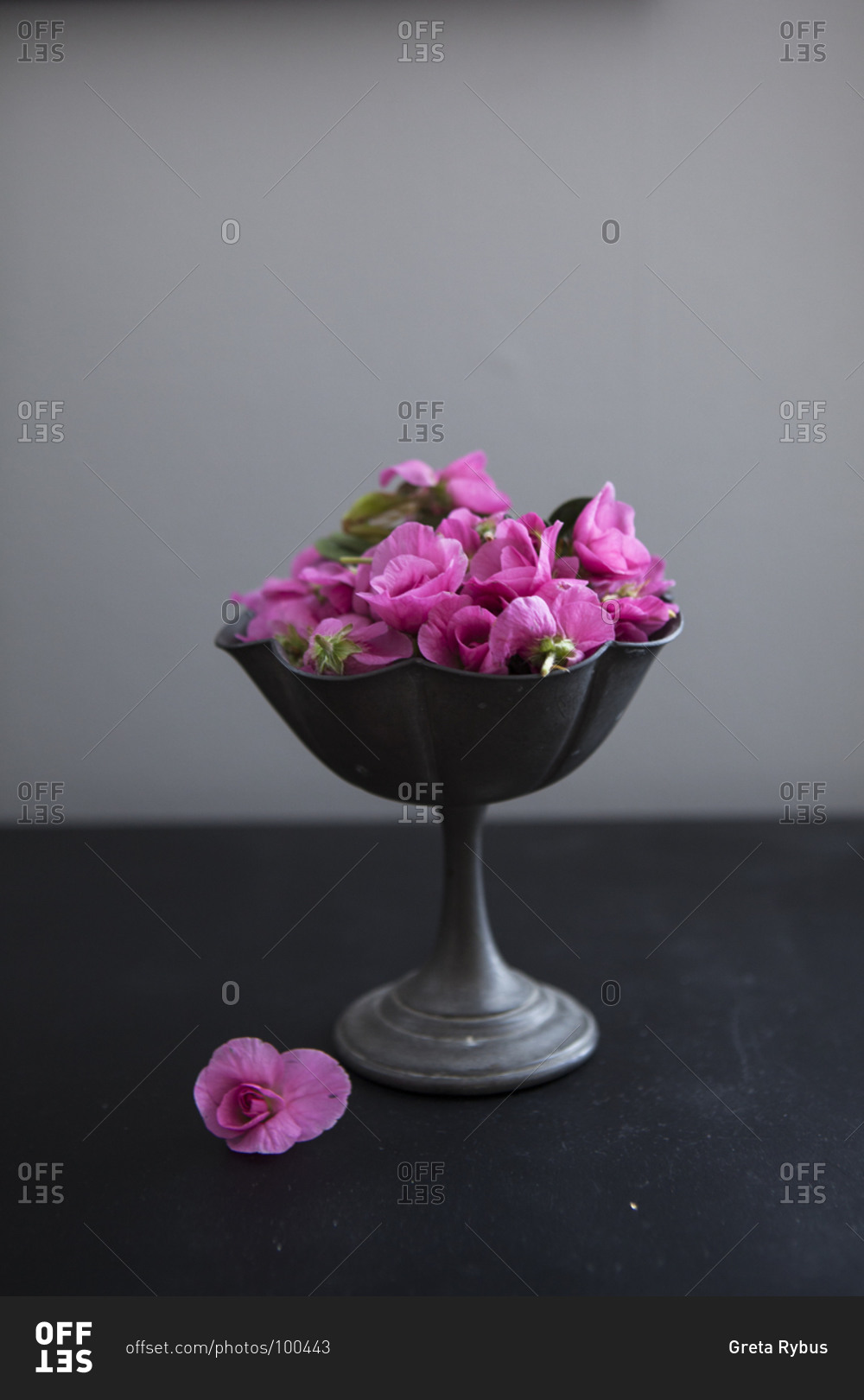 Pink flowers in a pewter stand.