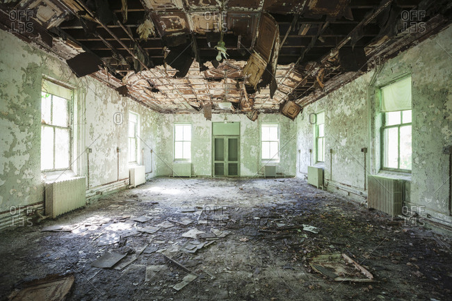 Tin Ceiling Falling Down In Haunted House Stock Photo Offset