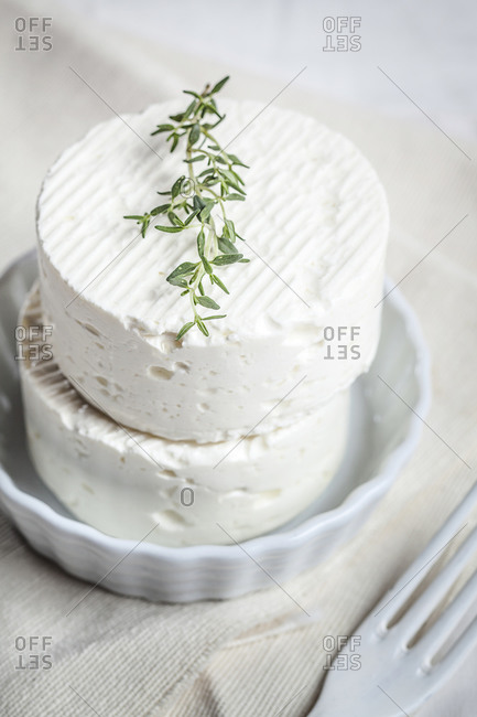 Stack of two Bulgarian 'herders cheese' made from sheep and cow milk garnished with twig of thyme