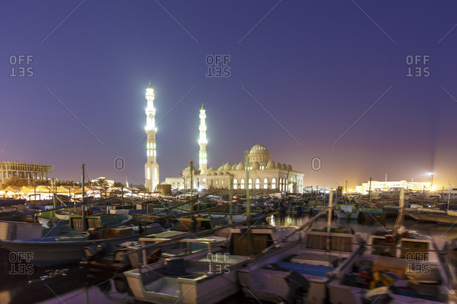 View to El Mina Mosque at evening twilight, Hurghada, Egypt