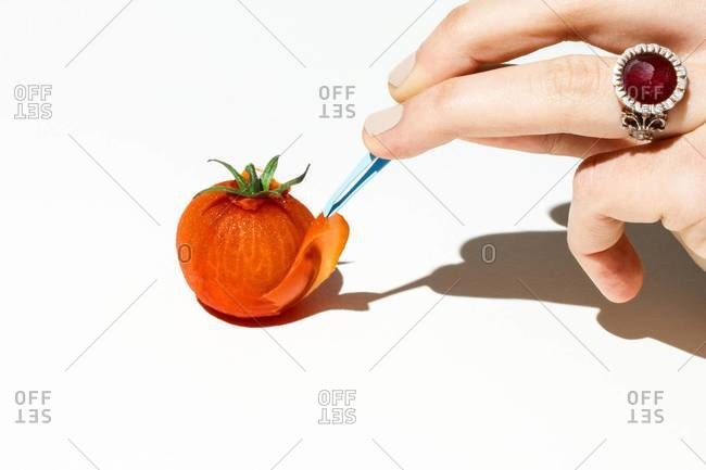 Woman peeling cherry tomato with tweezers