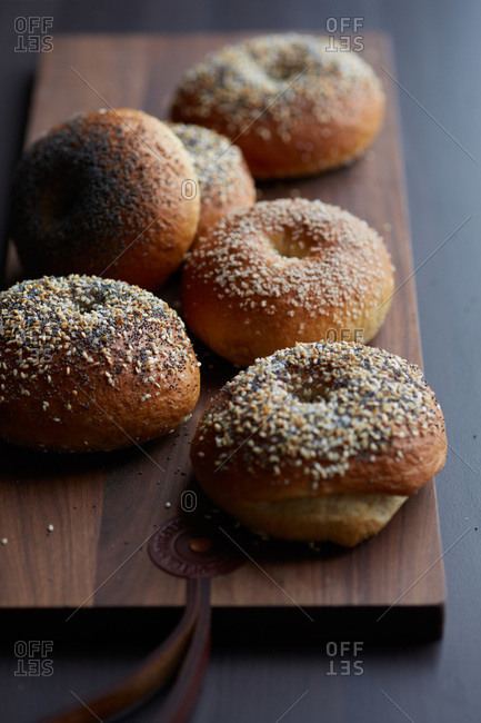 Homemade bagels dusted with coarse sea salt and sesame seeds