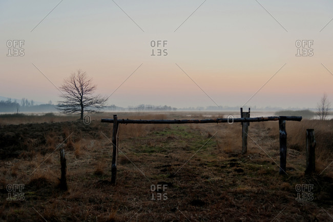 Landscape with gate at Hiller Moor by evening twilight, Luebbecke, Germany