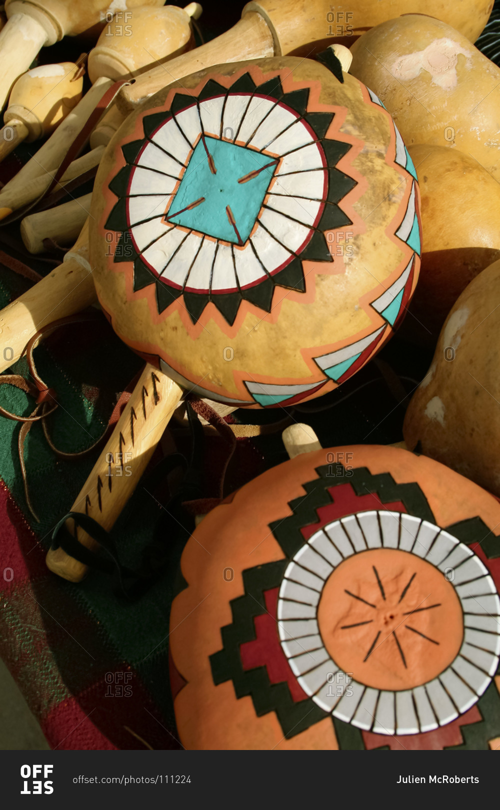 Close up of Native American hand painted rattles made from gourds stock