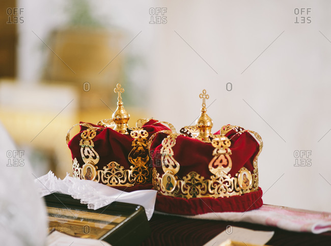 Close up of wedding crowns at a traditional Orthodox wedding