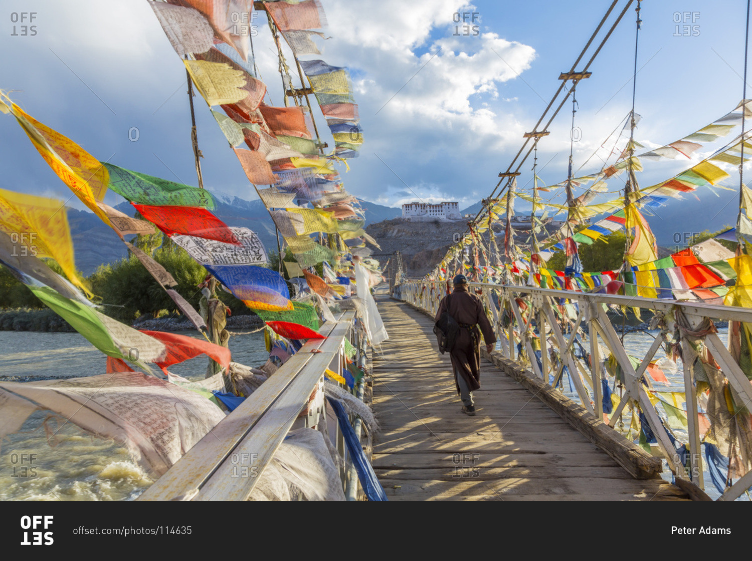 Rear view of man crossing bridge covered in prayer flags, Stakna monastery, near Leh, Ladakh, India