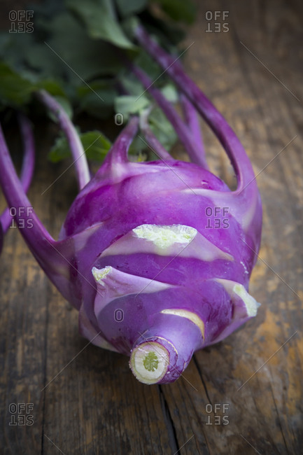 Blue turnip cabbage, Brassica oleracea var. gongylodes L. on dark wood, close-up
